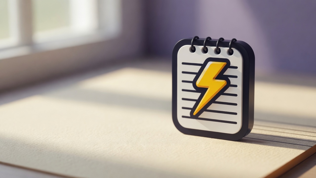 Jotspeed notepad with a yellow lightning bolt on a cream desk.